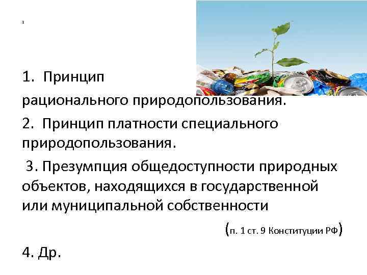 1 1. Принцип рационального природопользования. 2. Принцип платности специального природопользования. 3. Презумпция общедоступности природных