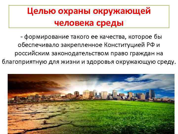 Целью охраны окружающей человека среды формирование такого ее качества, которое бы обеспечивало закрепленное Конституцией