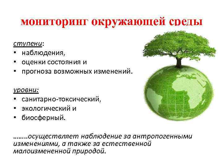 мониторинг окружающей среды ступени: • наблюдения, • оценки состояния и • прогноза возможных изменений.