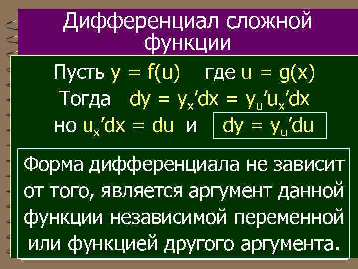 Дифференциал сложной функции Пусть y = f(u) где u = g(x) Тогда dy =
