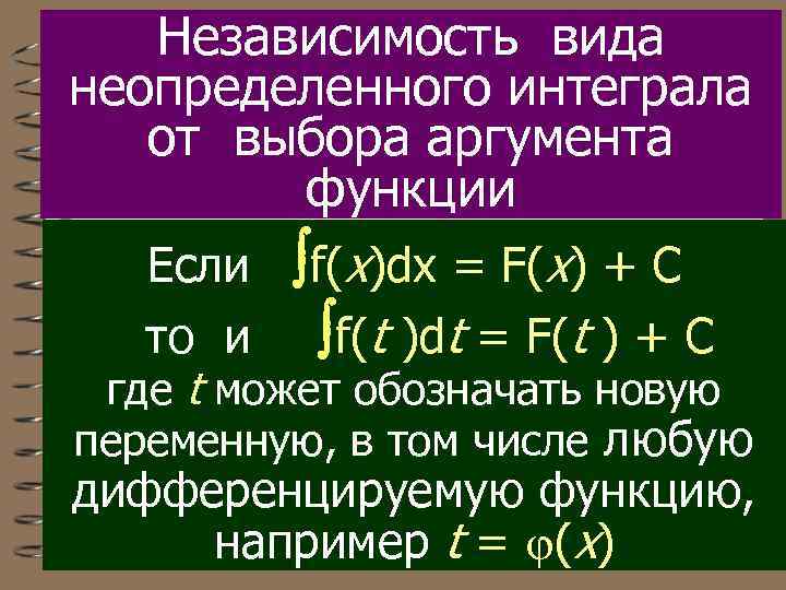 Независимость вида неопределенного интеграла от выбора аргумента функции Если f(x)dx = F(x) + C