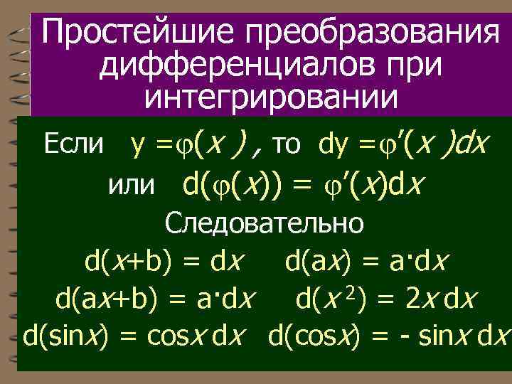 Простейшие преобразования дифференциалов при интегрировании Если y = (x ) , то dy =