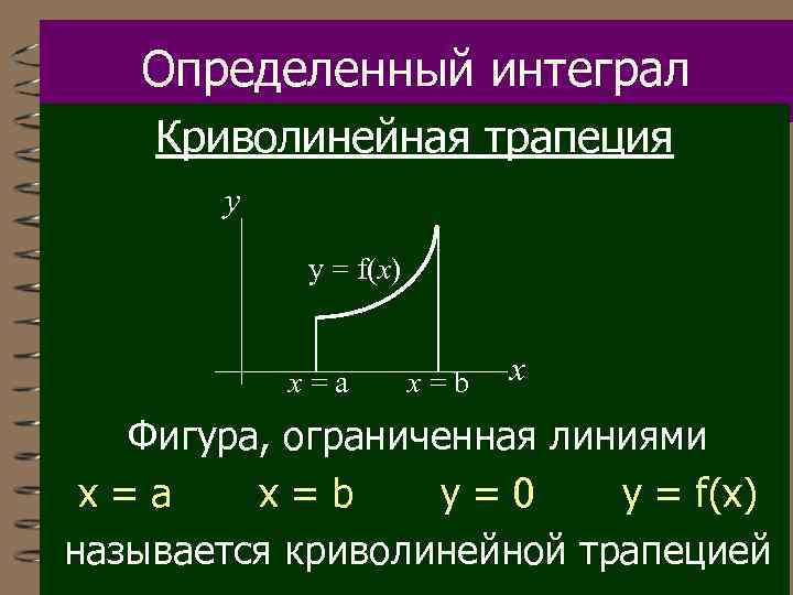 Определенный интеграл Криволинейная трапеция y y = f(x) х=а х=b x Фигура, ограниченная линиями