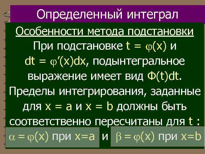 Определенный интеграл Особенности метода подстановки При подстановке t = (x) и dt = ’(x)dx,