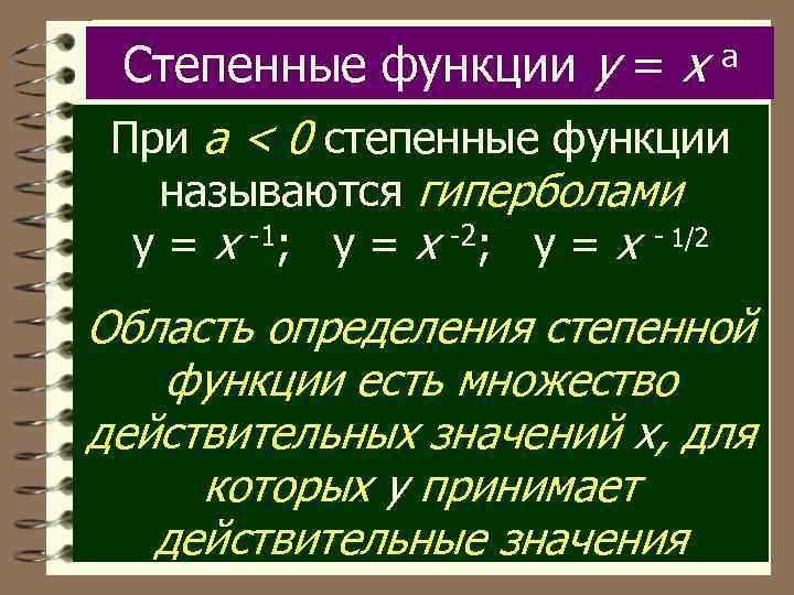 Степенные функции y = x a При а < 0 степенные функции называются гиперболами