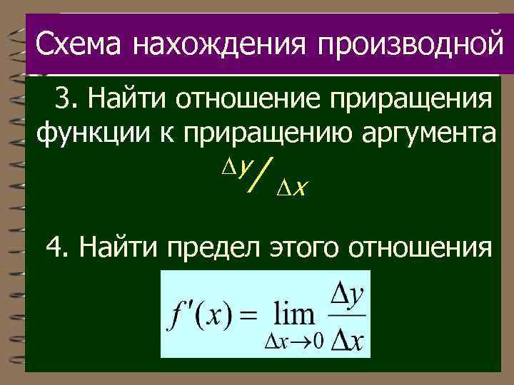 Схема нахождения производной 3. Найти отношение приращения функции к приращению аргумента y / х