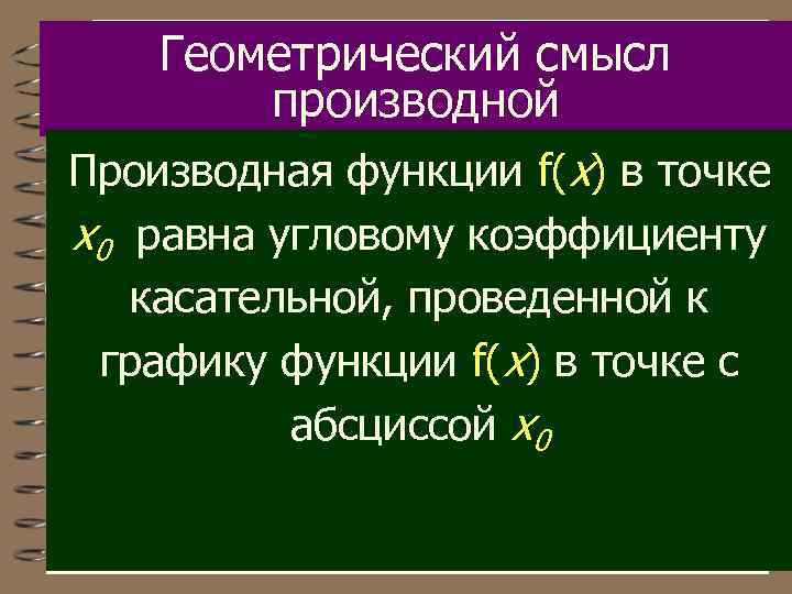 Геометрический смысл производной Производная функции f(x) в точке x 0 равна угловому коэффициенту касательной,