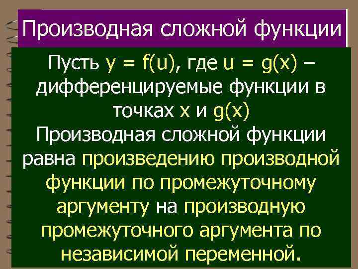 Производная сложной функции Пусть y = f(u), где u = g(x) – дифференцируемые функции