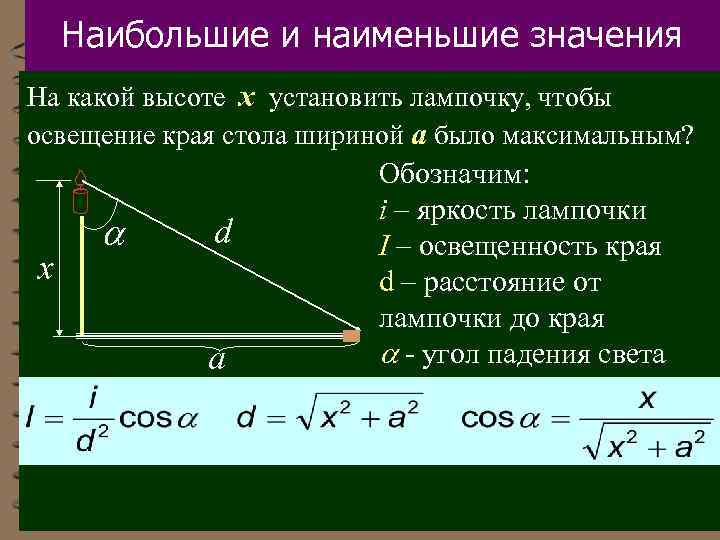 Наибольшие и наименьшие значения На какой высоте х установить лампочку, чтобы освещение края стола