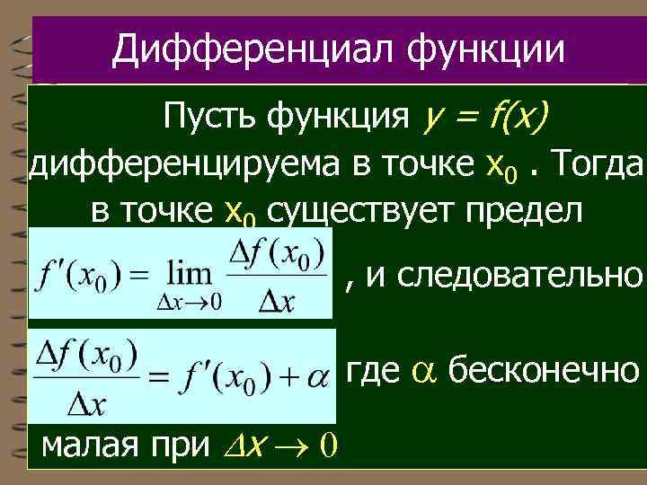 Дифференциал функции Пусть функция y = f(x) дифференцируема в точке х0. Тогда в точке