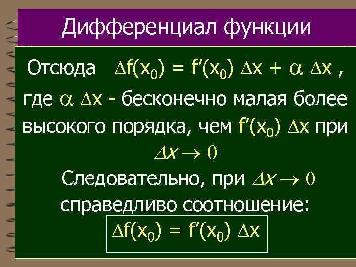 Дифференциал функции Отсюда f(x 0) = f’(x 0) x + x , где x