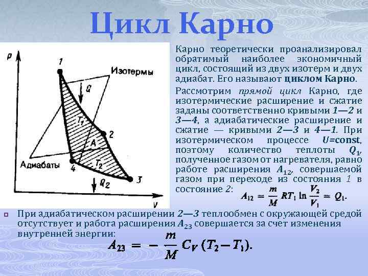Цикл Карно p p p Карно теоретически проанализировал обратимый наиболее экономичный цикл, состоящий из
