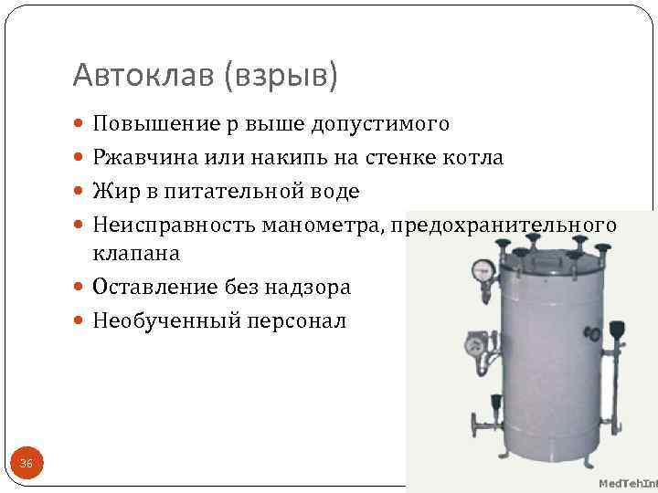 Автоклав (взрыв) Повышение р выше допустимого Ржавчина или накипь на стенке котла Жир в