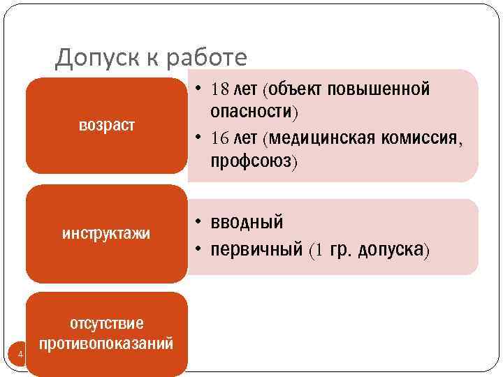 Допуск к работе возраст инструктажи 4 отсутствие противопоказаний • 18 лет (объект повышенной опасности)