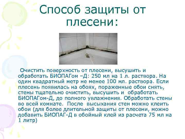 Способ защиты от плесени: Очистить поверхность от плесени, высушить и обработать БИОПАГом –Д: 250