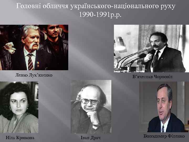 Головні обличчя українського-національного руху 1990 -1991 р. р. Левко Лук’яненко Ніла Крюкова В’ячеслав Чорновіл