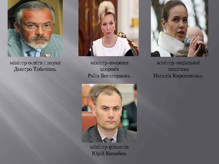 міністр освіти і науки Дмитро Табачник. міністр охорони здоров'я Раїса Богатирьова. міністр фінансів Юрій
