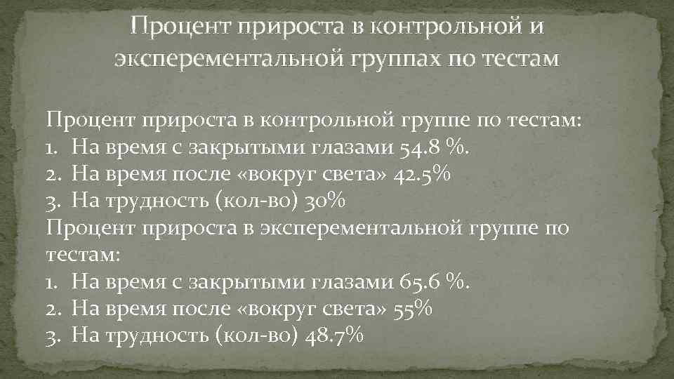 Процент прироста в контрольной и эксперементальной группах по тестам Процент прироста в контрольной группе