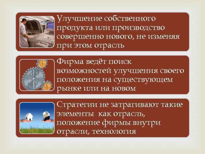 Улучшение собственного продукта или производство совершенно нового, не изменяя при этом отрасль Фирма ведёт