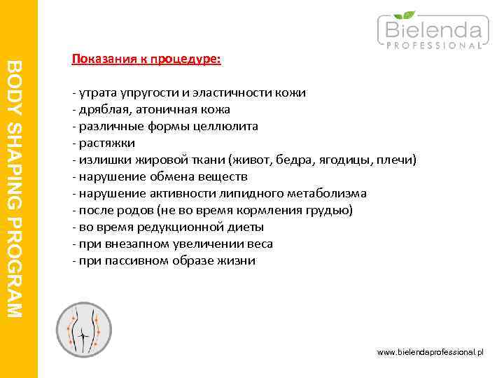  BODY SHAPING PROGRAM Показания к процедуре: - утрата упругости и эластичности кожи -