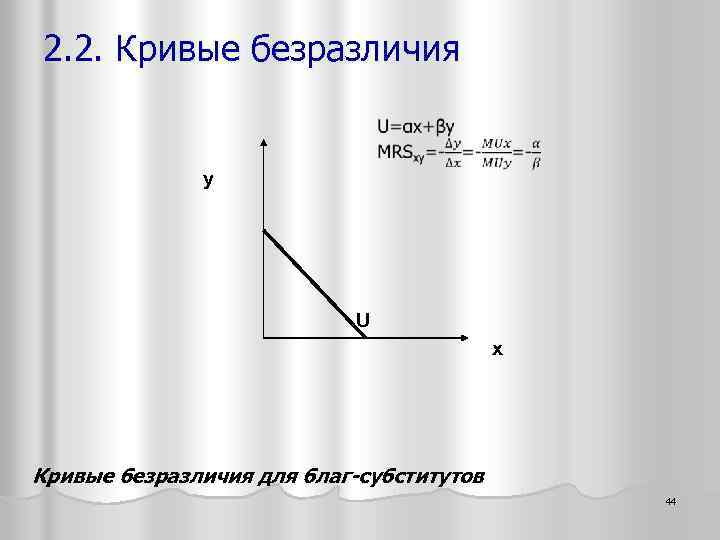 2. 2. Кривые безразличия y U x Кривые безразличия для благ-субститутов 44 