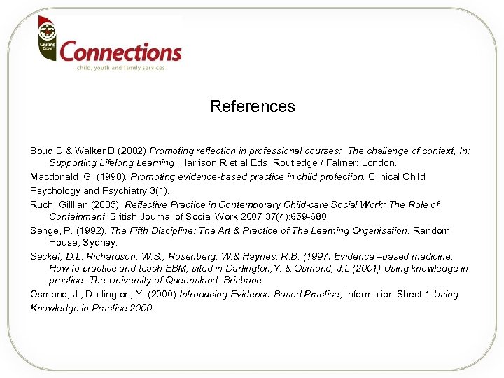 References Boud D & Walker D (2002) Promoting reflection in professional courses: The challenge