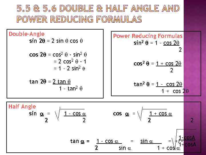 Double-Angle sin 2 = 2 sin cos 2 = cos 2 - sin 2