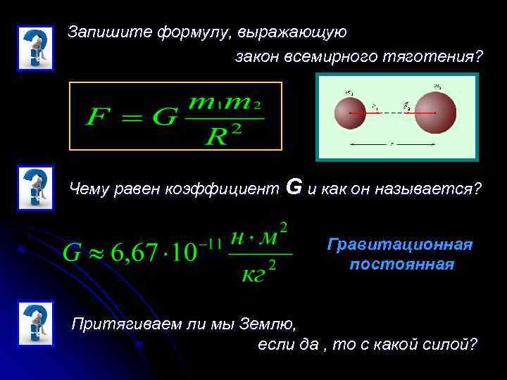 Запишите формулу, выражающую закон всемирного тяготения? Чему равен коэффициент G и как он называется?