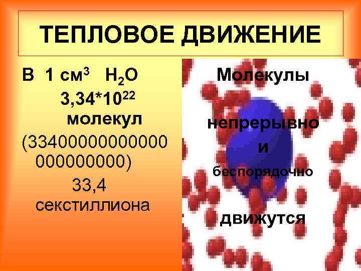 ТЕПЛОВОЕ ДВИЖЕНИЕ В 1 см 3 Н 2 О 3, 34*1022 молекул (334000000) 33,