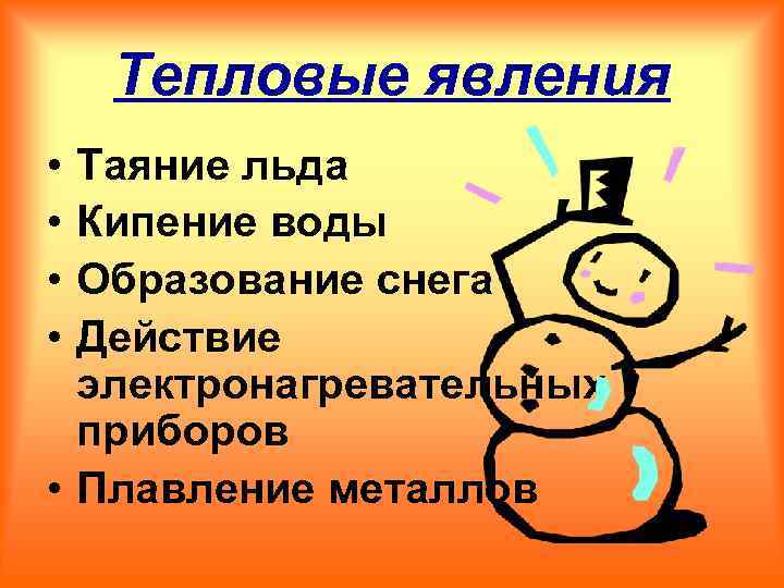 Тепловые явления • • Таяние льда Кипение воды Образование снега Действие электронагревательных приборов •