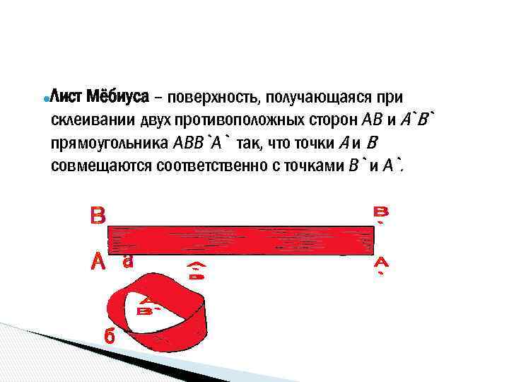 Мёбиуса - поверхность, получающаяся при склеивании двух противоположных сторон AB и А`В` прямоугольника ABB`A`