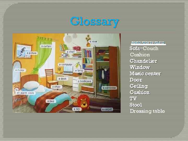 Glossary дополнительно Sofa=Couch Cushion Chandelier Window Music center Door Ceiling Cushion TV Stool Dressing