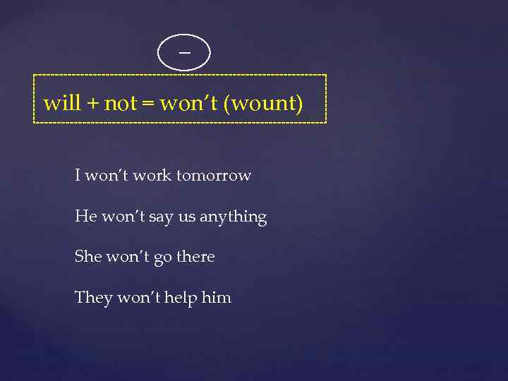 _ will + not = won’t (wount) I won’t work tomorrow He won’t say