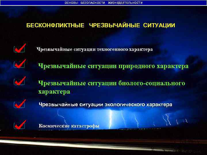 ОСНОВЫ БЕЗОПАСНОСТИ ЖИЗНЕДЕЯТЕЛЬНОСТИ БЕСКОНФЛИКТНЫЕ ЧРЕЗВЫЧАЙНЫЕ СИТУАЦИИ Чрезвычайные ситуации техногенного характера Чрезвычайные ситуации природного характера