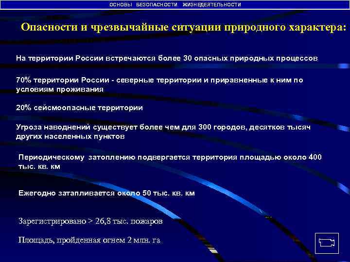 ОСНОВЫ БЕЗОПАСНОСТИ ЖИЗНЕДЕЯТЕЛЬНОСТИ Опасности и чрезвычайные ситуации природного характера: На территории России встречаются более