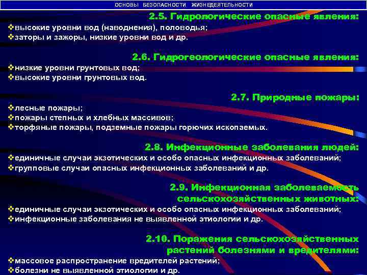 ОСНОВЫ БЕЗОПАСНОСТИ ЖИЗНЕДЕЯТЕЛЬНОСТИ 2. 5. Гидрологические опасные явления: vвысокие уровни вод (наводнения), половодья; vзаторы