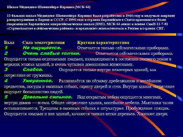 Шкала Медведева-Шпонхойера-Карника (МСК-64) 12 -бальная шкала Медведева-Шпонхойера-Карника была разработана в 1964 году и получила