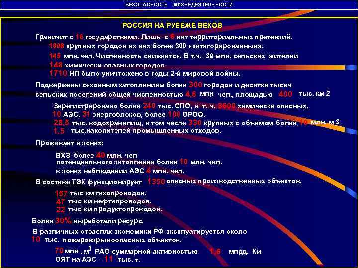 БЕЗОПАСНОСТЬ ЖИЗНЕДЕЯТЕЛЬНОСТИ РОССИЯ НА РУБЕЖЕ ВЕКОВ Граничит с 16 государствами. Лишь с 6 нет