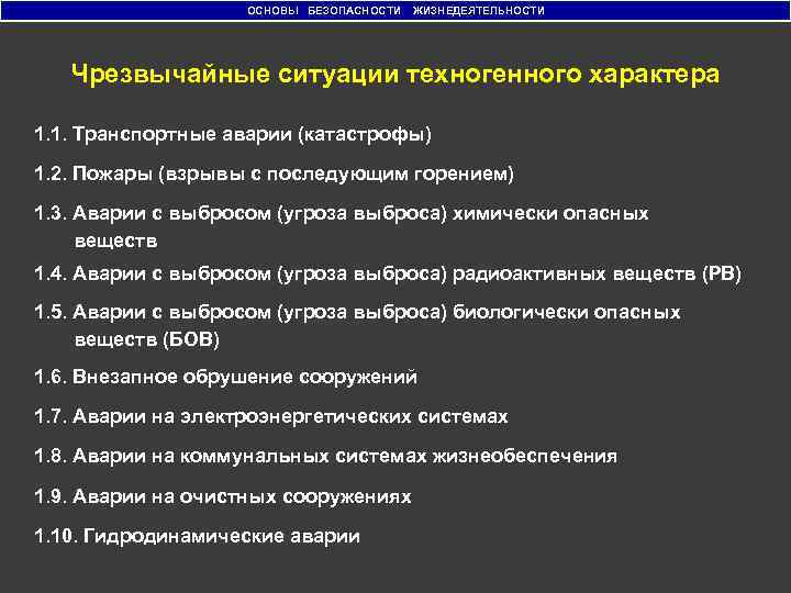 ОСНОВЫ БЕЗОПАСНОСТИ ЖИЗНЕДЕЯТЕЛЬНОСТИ Чрезвычайные ситуации техногенного характера 1. 1. Транспортные аварии (катастрофы) 1. 2.