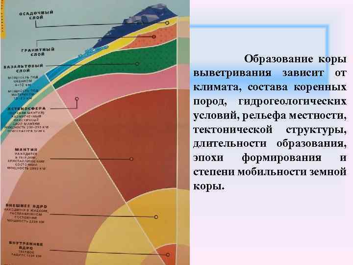  Образование коры выветривания зависит от климата, состава коренных пород, гидрогеологических условий, рельефа местности,