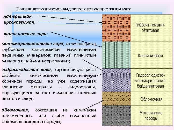 Большинство авторов выделяют следующие типы кор: латеритная красноземная, каолинитовая кора; монтмориллонитовая кора, отличающаяся глубокими