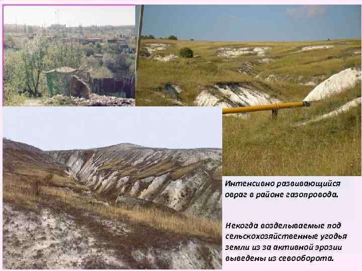 Разрушенная в результате овражной эрозии Интенсивно развивающийся овраг в районе газопровода. Некогда возделываемые под