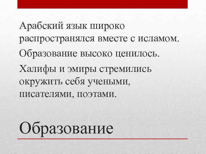Арабский язык широко распространялся вместе с исламом. Образование высоко ценилось. Халифы и эмиры стремились