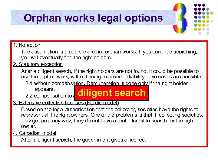 Orphan works legal options 1. No action The assumption is that there are not
