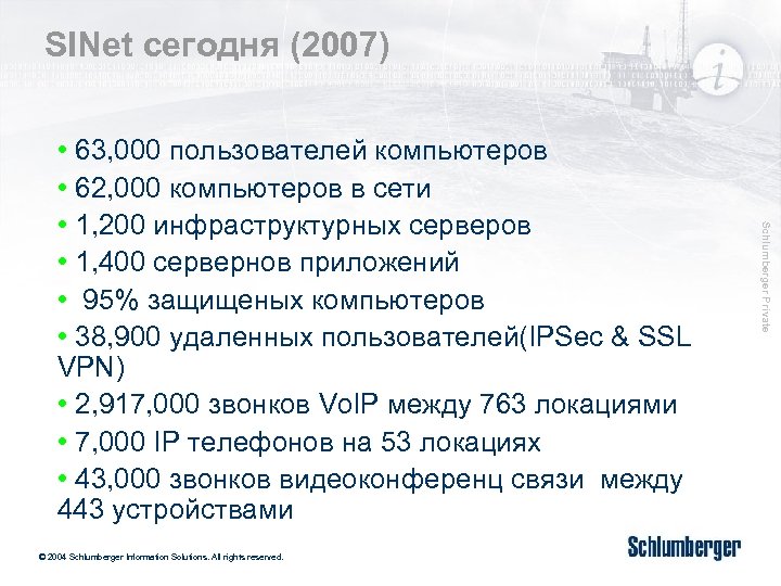 SINet сегодня (2007) © 2004 Schlumberger Information Solutions. All rights reserved. Schlumberger Private •