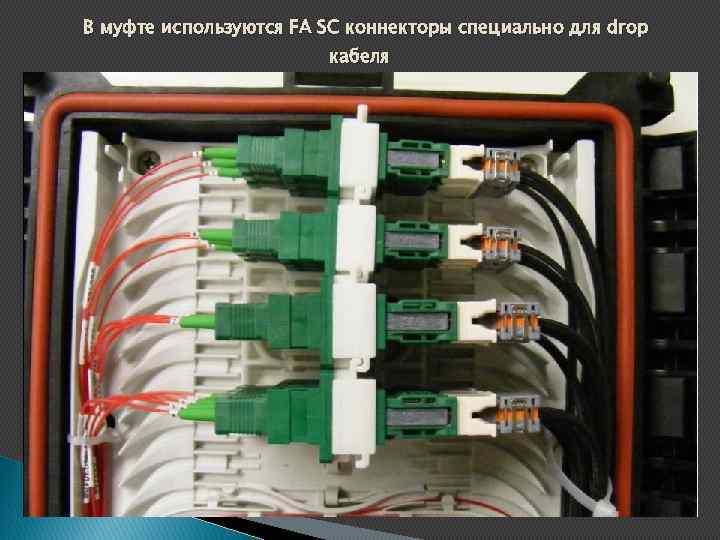 В муфте используются FA SC коннекторы специально для drop кабеля 