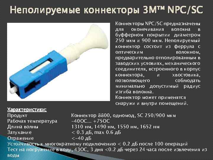 Неполируемые коннекторы 3 М™ NPC/SC Коннекторы NPC/SC предназначены для оконечивания волокна в буфферном покрытии