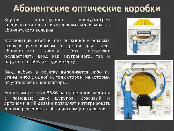 Абонентские оптические коробки Внутри конструкции предусмотрен специальный органайзер для выкладки запасов абонентского волокна. В