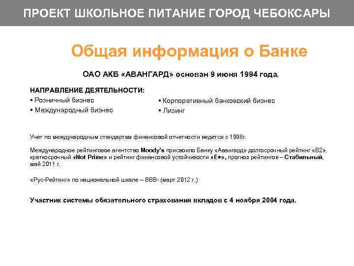 ПРОЕКТ ШКОЛЬНОЕ ПИТАНИЕ ГОРОД ЧЕБОКСАРЫ Общая информация о Банке ОАО АКБ «АВАНГАРД» основан 9