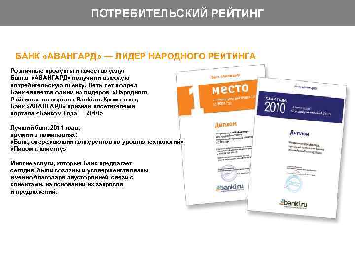 ПОТРЕБИТЕЛЬСКИЙ РЕЙТИНГ БАНК «АВАНГАРД» — ЛИДЕР НАРОДНОГО РЕЙТИНГА Розничные продукты и качество услуг Банка